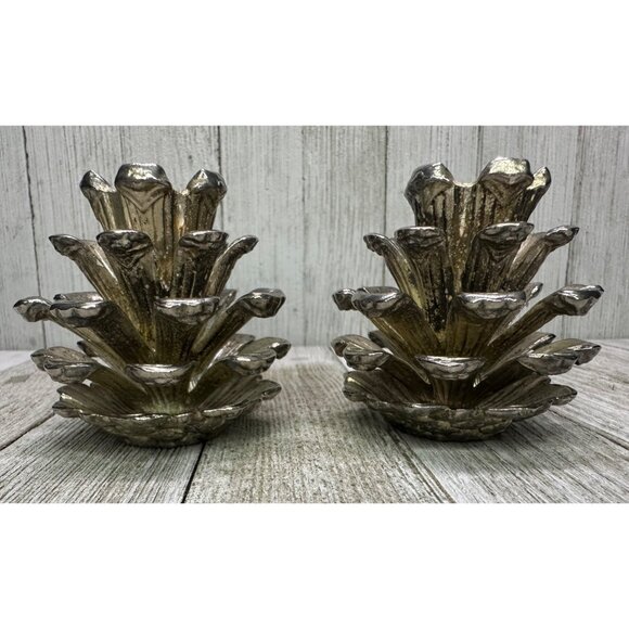 Vtg Set of 2 Silver Plated Pine Cone Candlestick Holders 2.5" Tall Holiday Decor - Picture 1 of 7